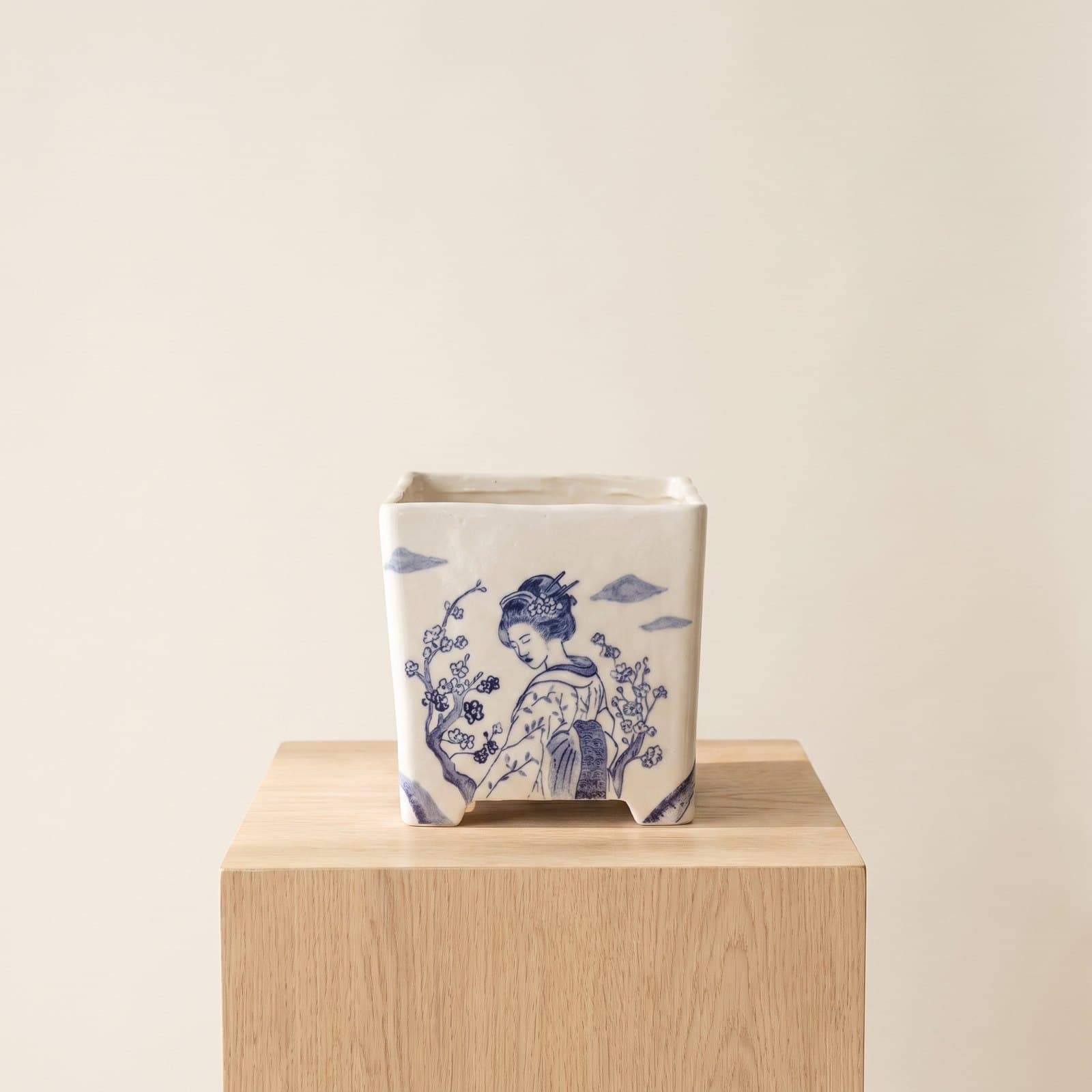 Glazed Ceramic Bonsai Pot – Blue & White Geisha 16 x 16 x 16 cm