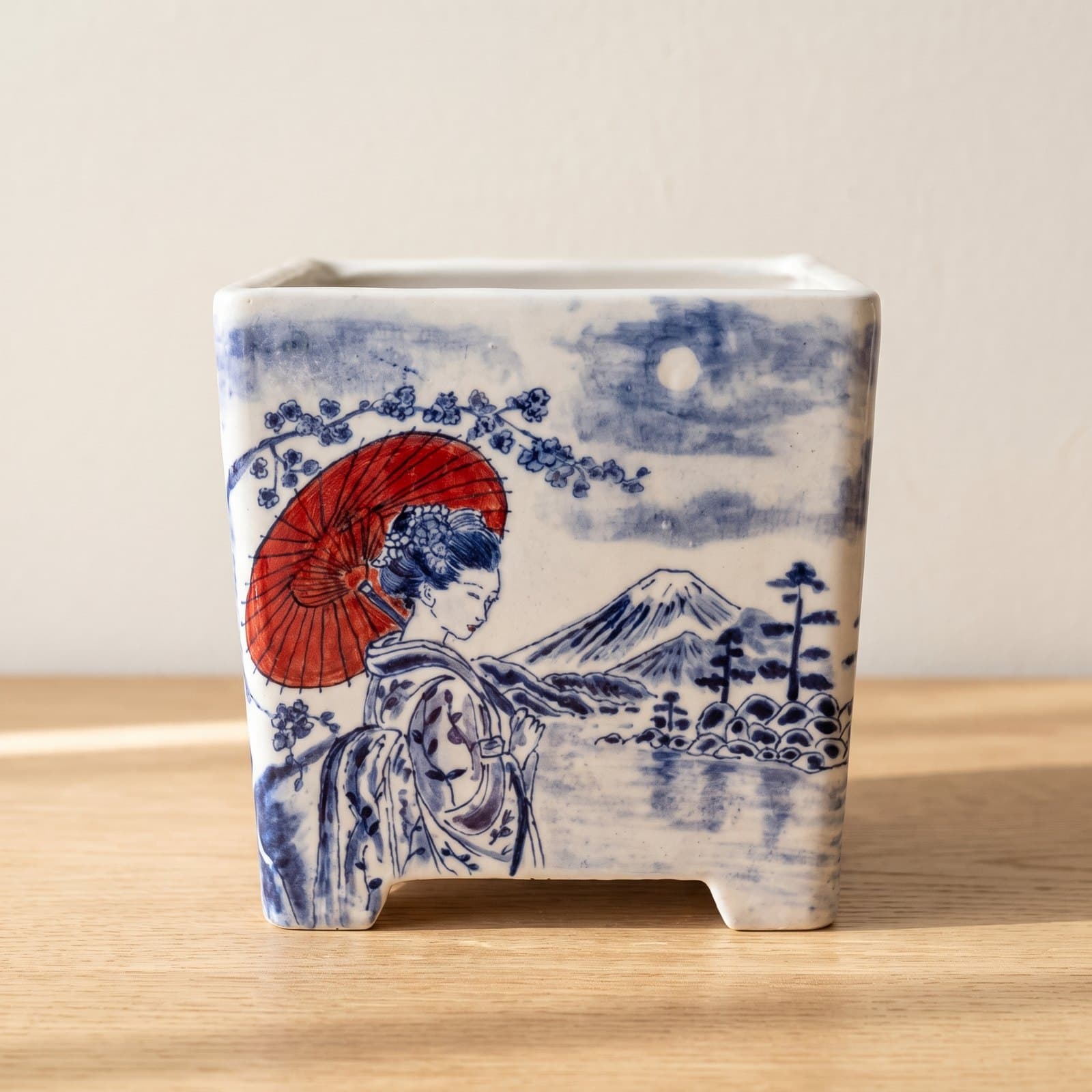 Glazed Ceramic Bonsai Pot – Geisha with Red Parasol 16 x 16 x 16 cm