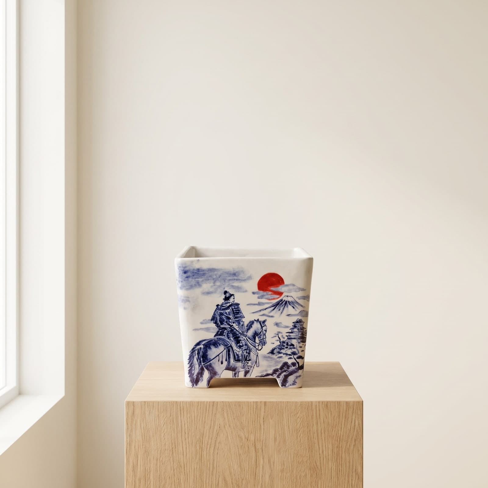 Hand-Drawn Ceramic Bonsai Pot – Samurai, Red Sun & Fuji 16 x 16 x 16 cm