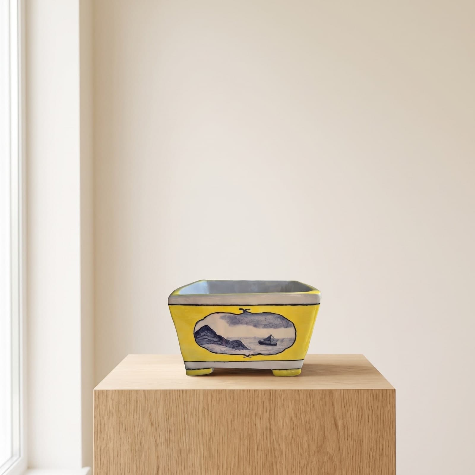Hand-Drawn Ceramic Bonsai Pot – Yellow, Blue Landscape