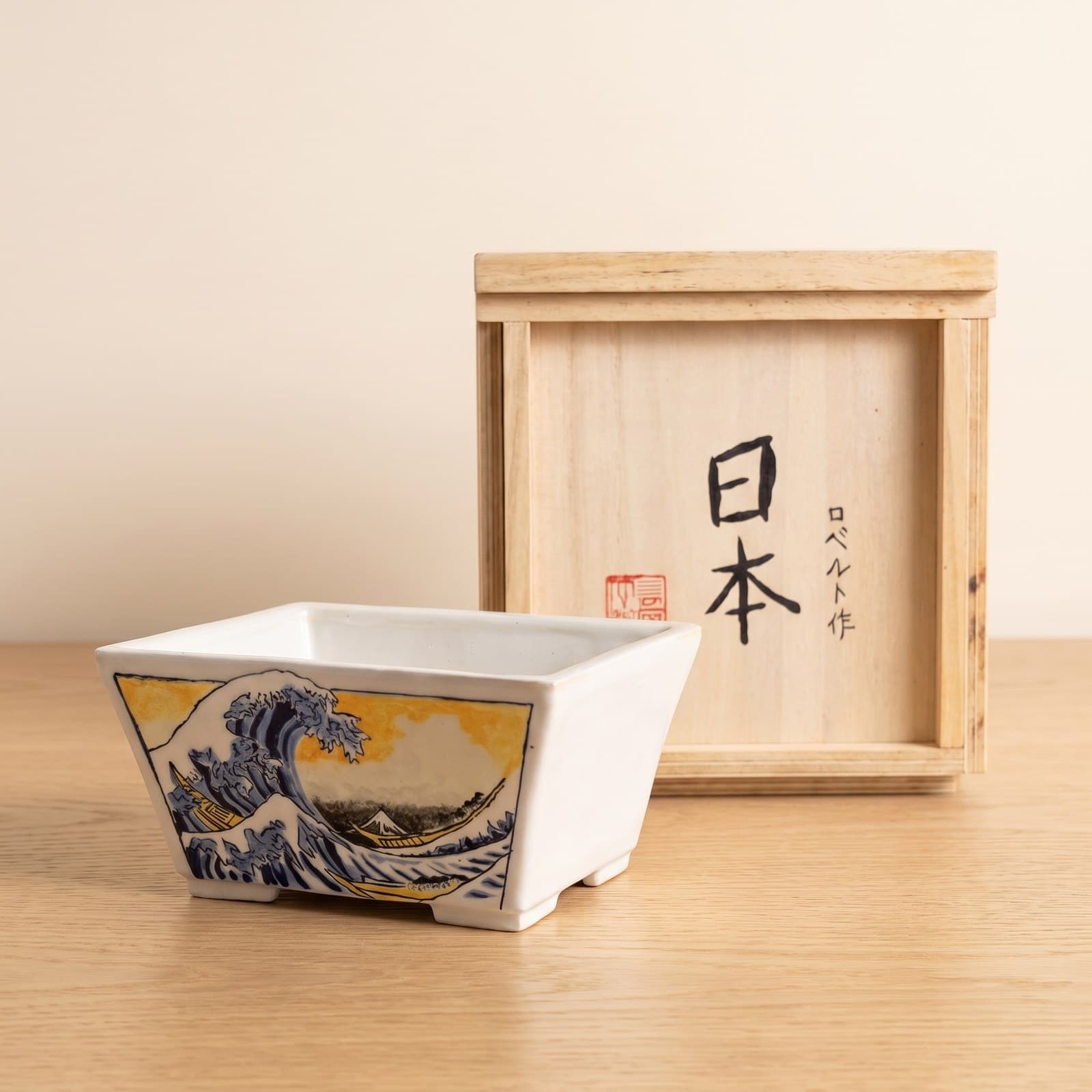 Hand-Painted Ceramic Bonsai Pot – The Great Wave 20 x 16 x 10 cm