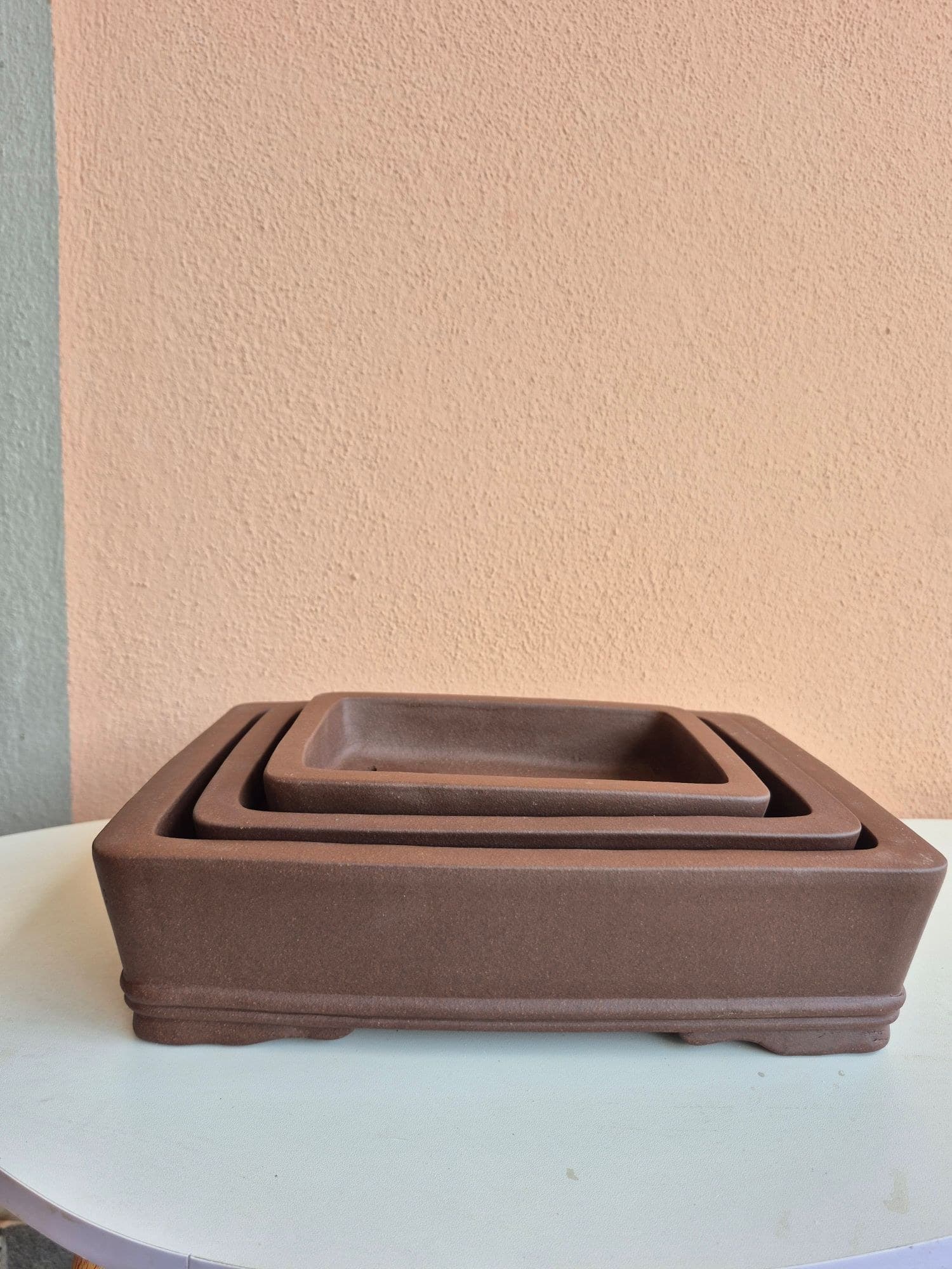 Unglazed Ceramic Bonsai Pot Set, Straight-Line Nested Trio (up to 31 x 23.5 x H7 cm)